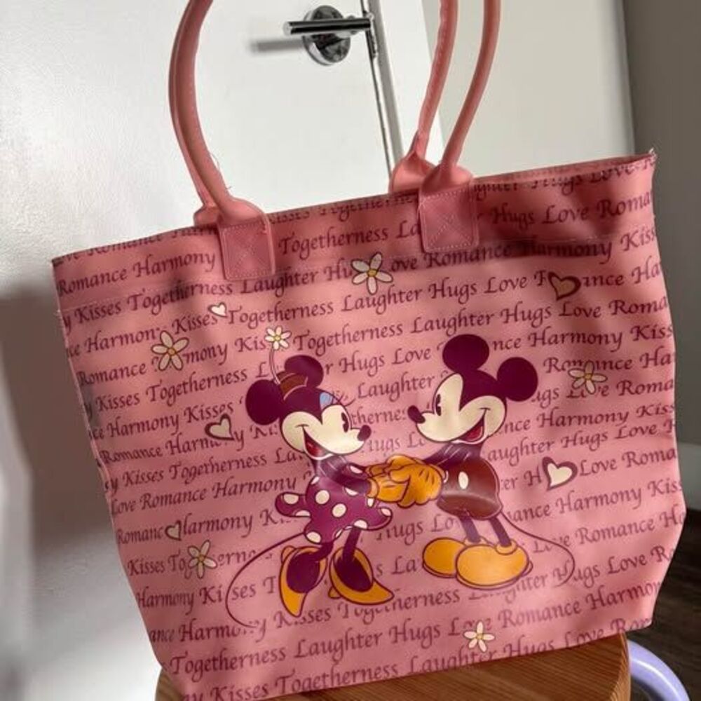Pink disney tote bag with mickey and minnie mouse